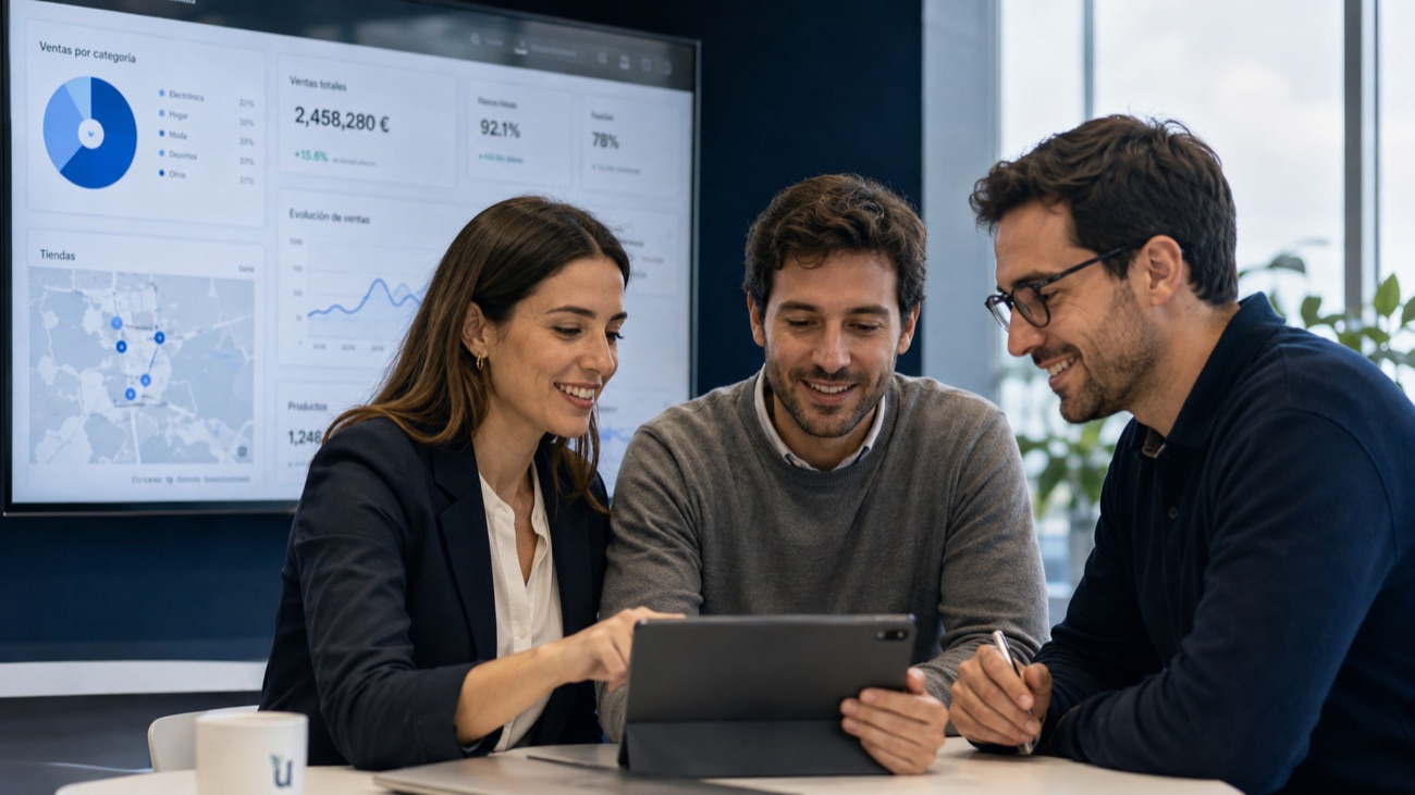 Equipo de trabajo revisando datos de ventas en una tablet