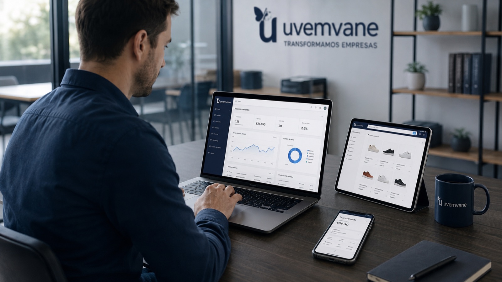 UVEMVANE funcionando en portátil, tablet y móvil sobre un escritorio
