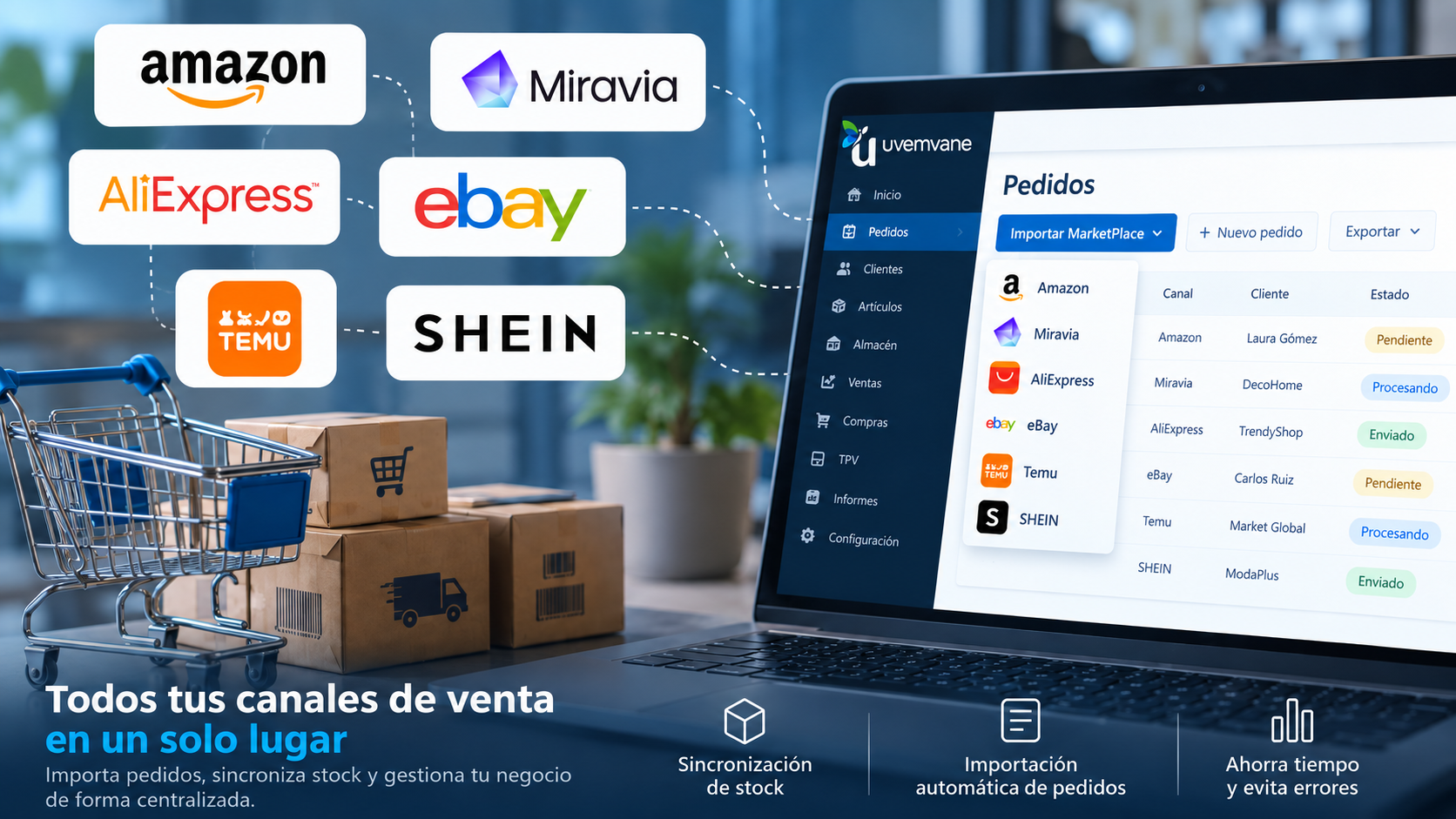 Desplegable Importar MarketPlace en la pantalla de pedidos de UVEMVANE
