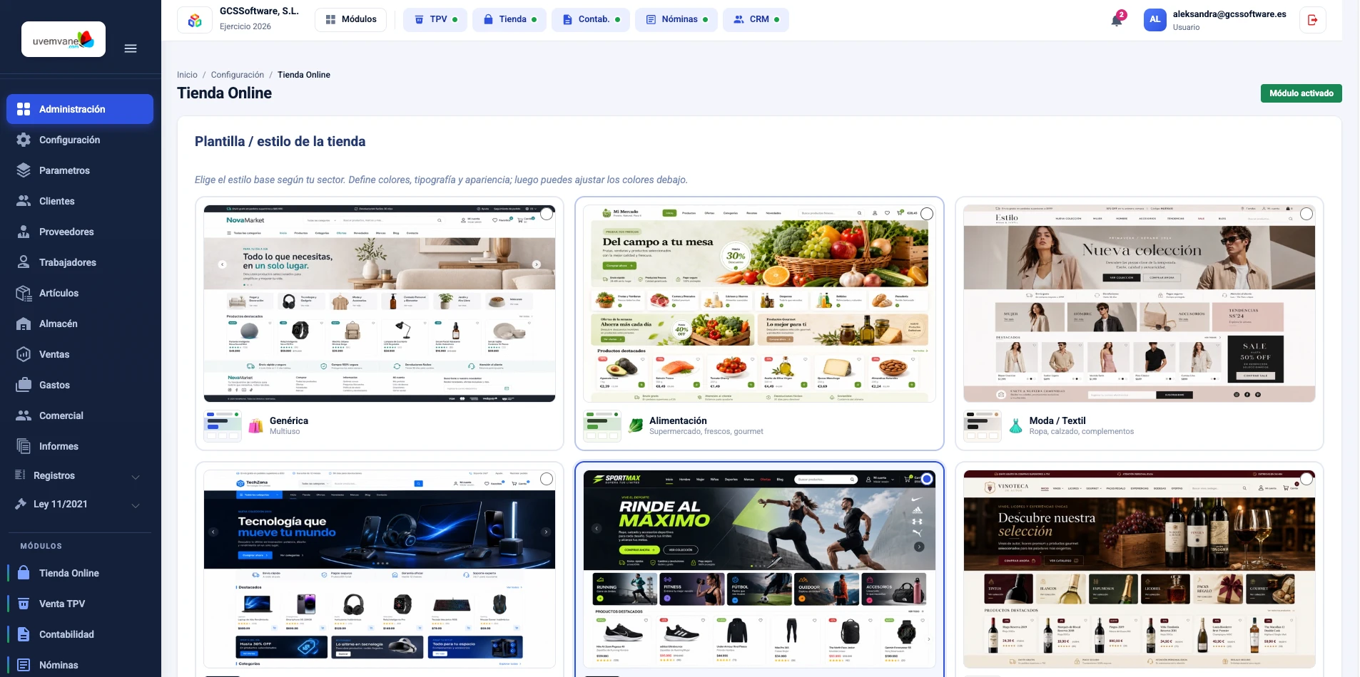 Selector de plantillas de tienda online por sector en UVEMVANE