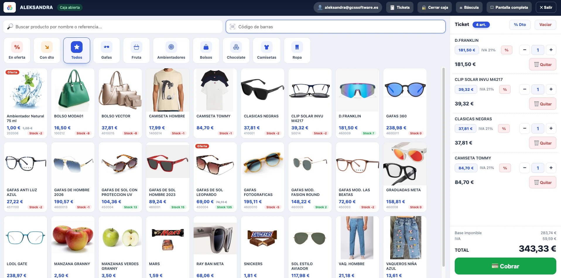 TPV táctil de UVEMVANE con rejilla de productos y ticket